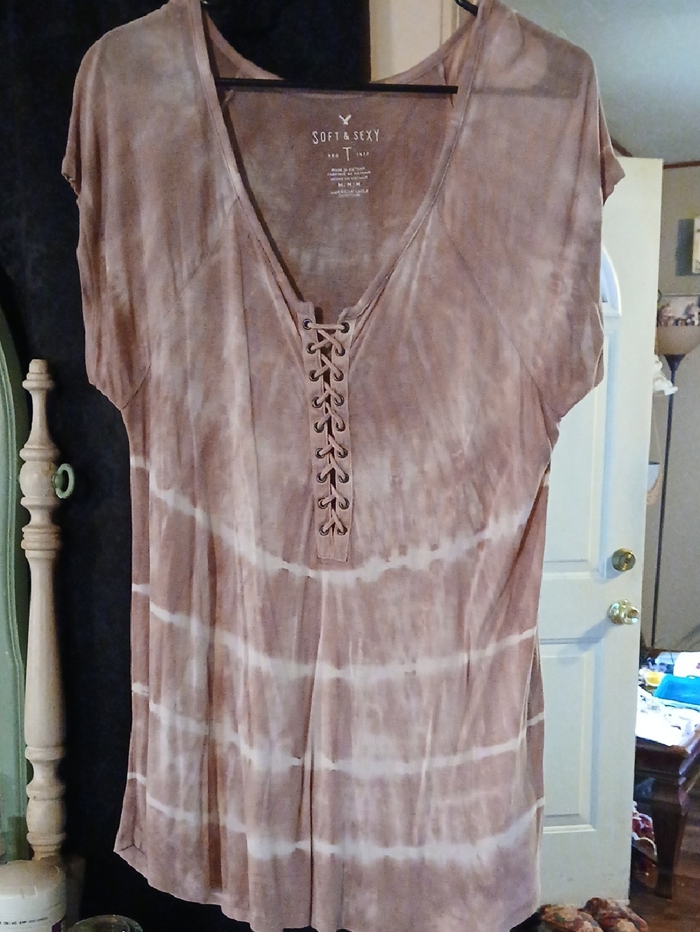 Soft & Sexy Taupe Tie-Dye Lace-Up V-Neck Tunic